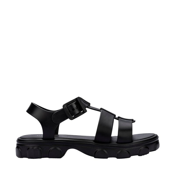 Sandália Melissa Ella na cor preta, com design minimalista, tiras finas e fecho ajustável no tornozelo. Produzida em Melflex, é leve, confortável e elegante, ideal para compor looks casuais e sofisticados com praticidade no dia a dia