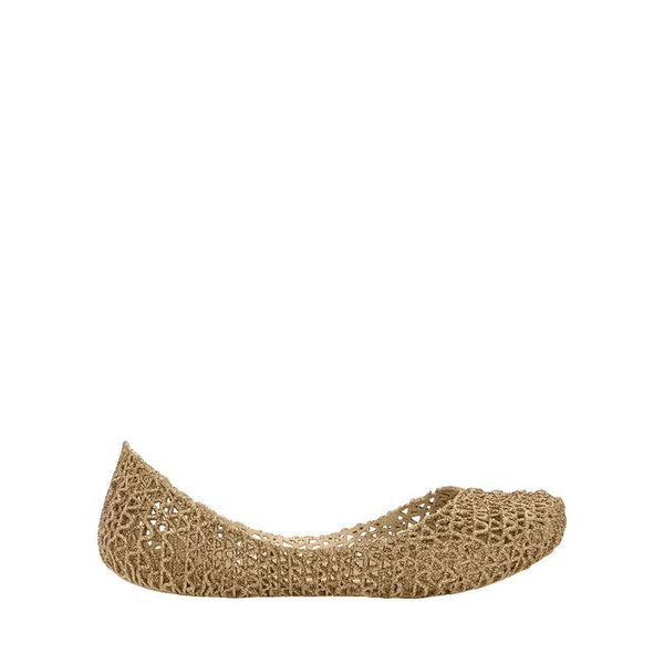 Sapatilha infantil Mini Melissa Campana Papel na cor dourado com acabamento em glitter. Modelo com textura trançada, leve e confortável, feita em Melflex. Ideal para compor looks infantis com muito brilho, charme e praticidade