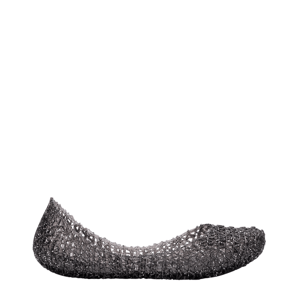 Sapatilha infantil Mini Melissa Campana Papel na cor preta com acabamento glitterizado e textura trançada. Feita em Melflex, é leve, flexível e confortável, ideal para looks infantis com brilho e estilo no dia a dia ou em ocasiões especiais.
