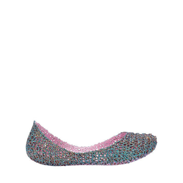 Sapatilha infantil Mini Melissa Campana Papel na cor rosa claro com acabamento em glitter. Modelo com textura trançada e design delicado, feita em Melflex. Leve, confortável e ideal para looks infantis estilosos e brilhantes