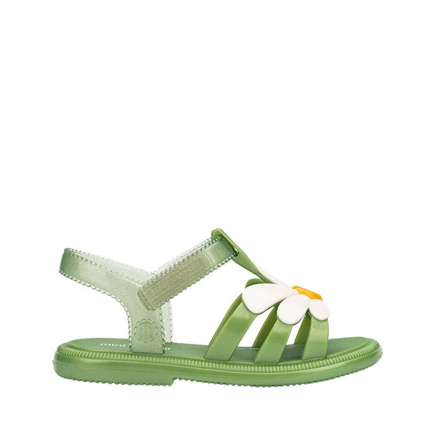Par de sandálias femininas Mini Melissa Kick Off na cor preta, com design moderno e confortável, solado plataforma robusto, tiras largas com acabamento fosco e fechamento ajustável em velcro. Ideal para looks descontraídos e casuais.