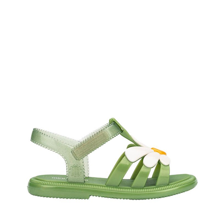 Par de sandálias femininas Mini Melissa Kick Off na cor preta, com design moderno e confortável, solado plataforma robusto, tiras largas com acabamento fosco e fechamento ajustável em velcro. Ideal para looks descontraídos e casuais.