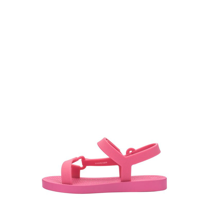 Sandália infantil Mini Melissa Sun Downtown Baby na cor rosa, com acabamento fosco e design unissex. Feita em Melflex, é leve, confortável e possui fechamento em velcro para segurança dos pequenos. Ideal para dias quentes e looks combinando