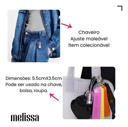 Melissa Drink Charm Chaveiro Transparente 34482 — bag charm com glitter, canudo colorido e mosquetão